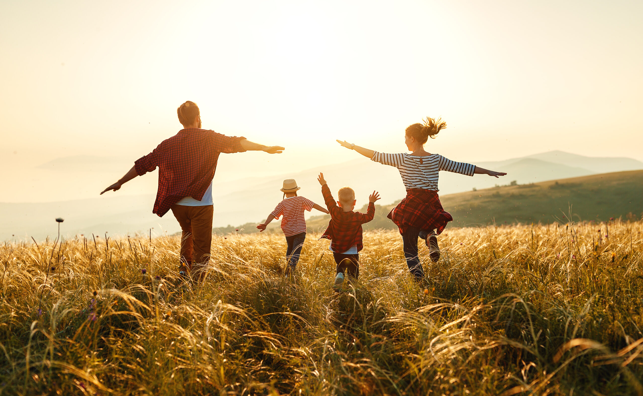 mother, father, children son and daughter on nature on sunset